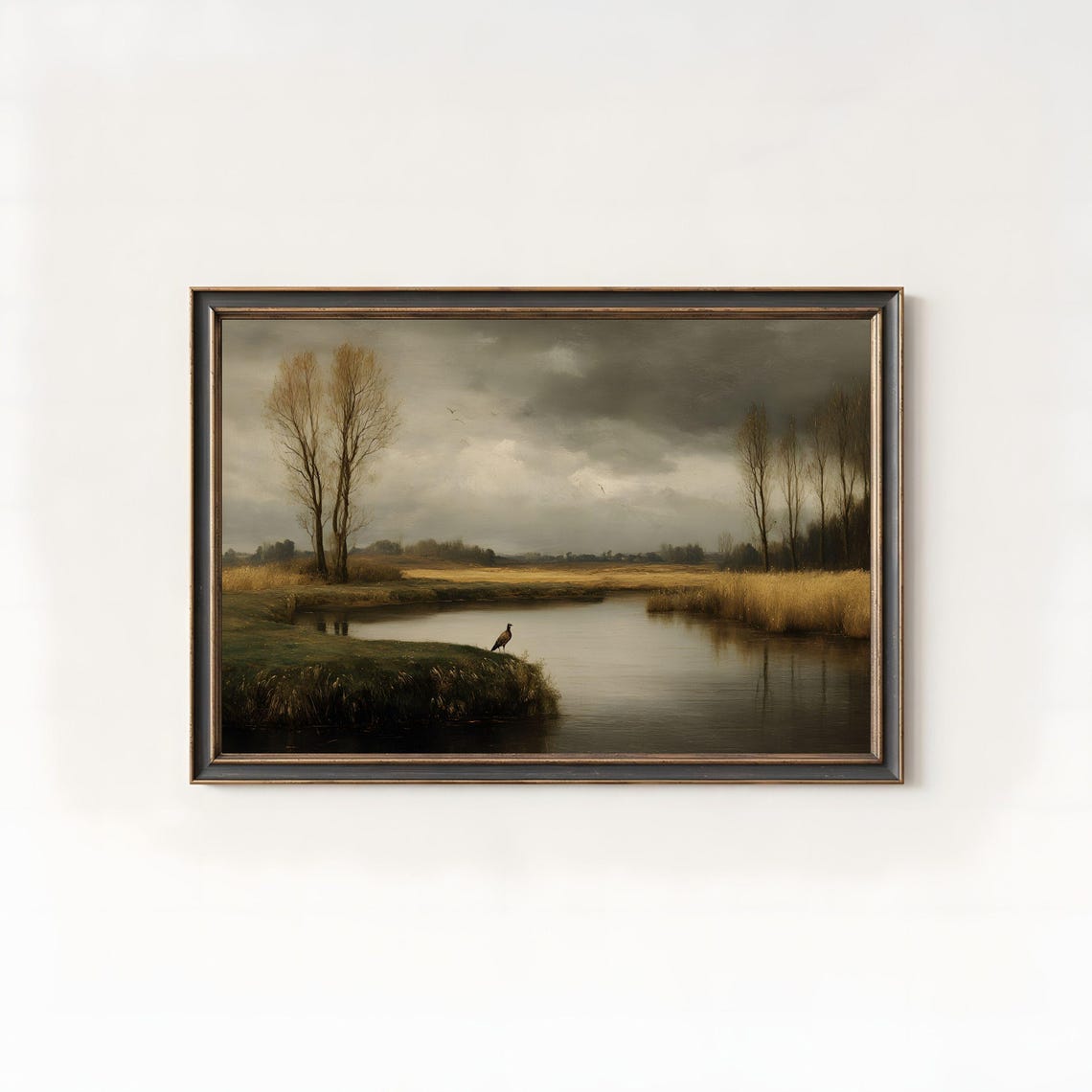 Moody Autumn Marsh Heron at Still Water Tonal Landscape Poster