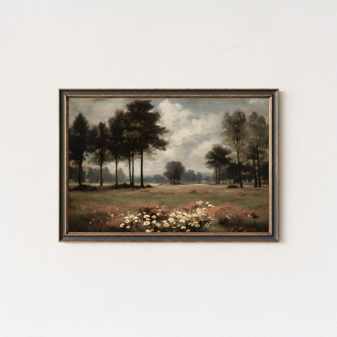 Rustic Wildflower Meadow Trees Cloudy Sky Landscape Oil Poster