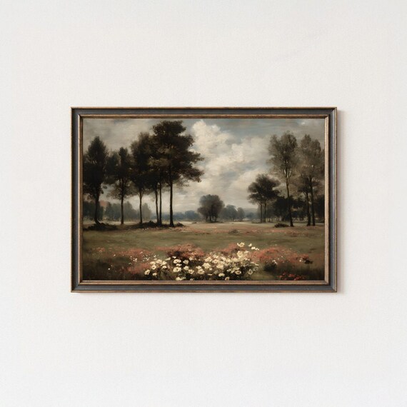 Rustic Wildflower Meadow Trees Cloudy Sky Landscape Oil Poster