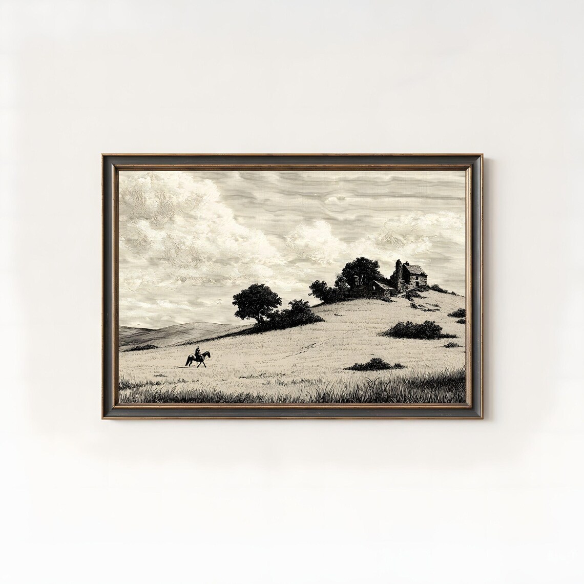 Monochrome Rider On Horseback Hill Farmhouse Western Etching Poster