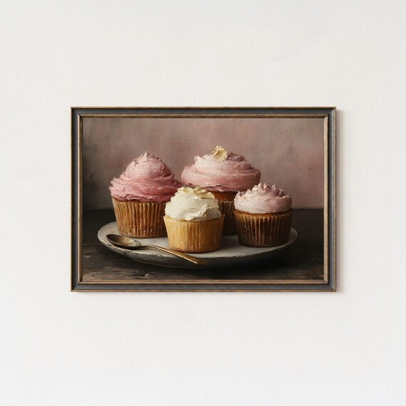 Vintage Cupcake Oil Painting Dessert Kitchen Wall Art 59