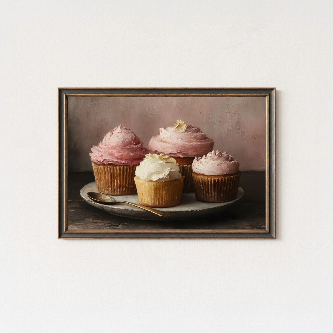 Vintage Cupcakes Oil Painting Pink Frosting Dessert Kitchen Wall Art