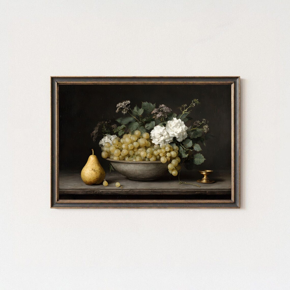 White Grapes Pear and Blooms Dark Moody Still Life Art Poster