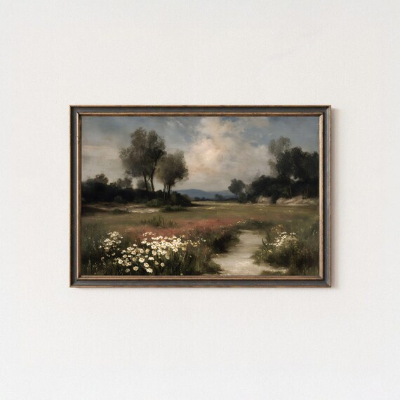 Vintage Meadow With Daisies Wildflowers Rustic Countryside Oil Poster