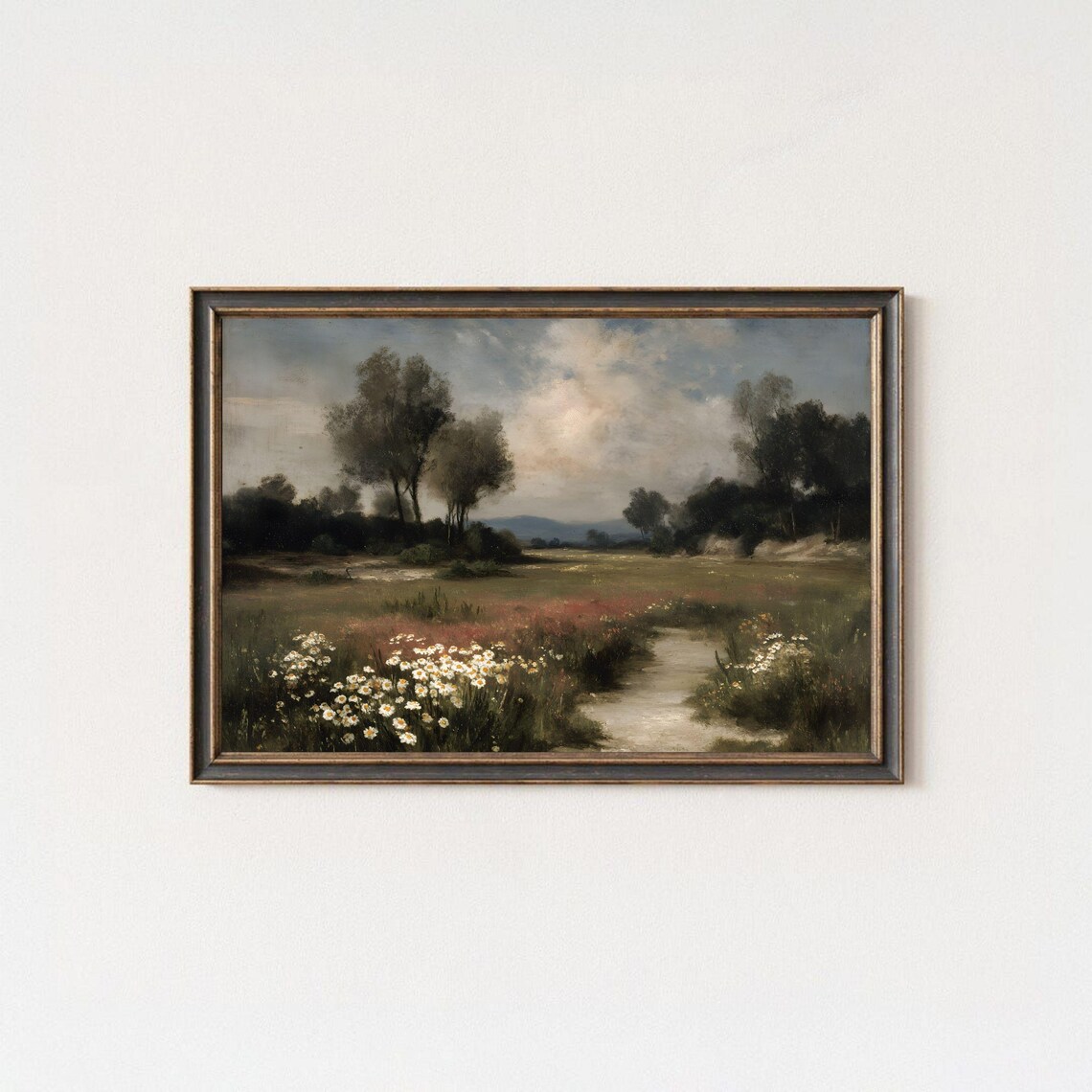 Vintage Meadow With Daisies Wildflowers Rustic Countryside Oil Poster