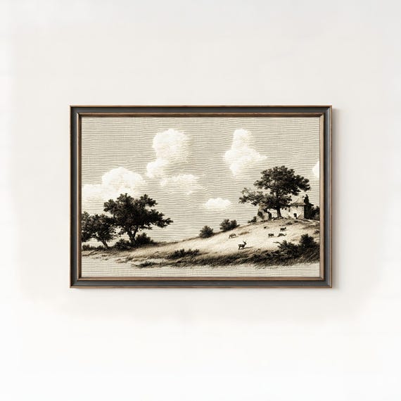 Vintage Landscape With Deer Oil Painting Rustic Cloudy Countryside Wall Art 211