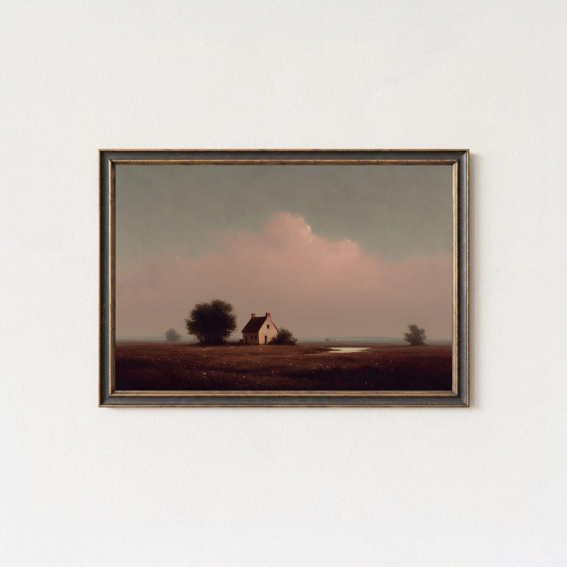Moody Lone Cottage In Field Sunset Rustic Countryside Oil Poster