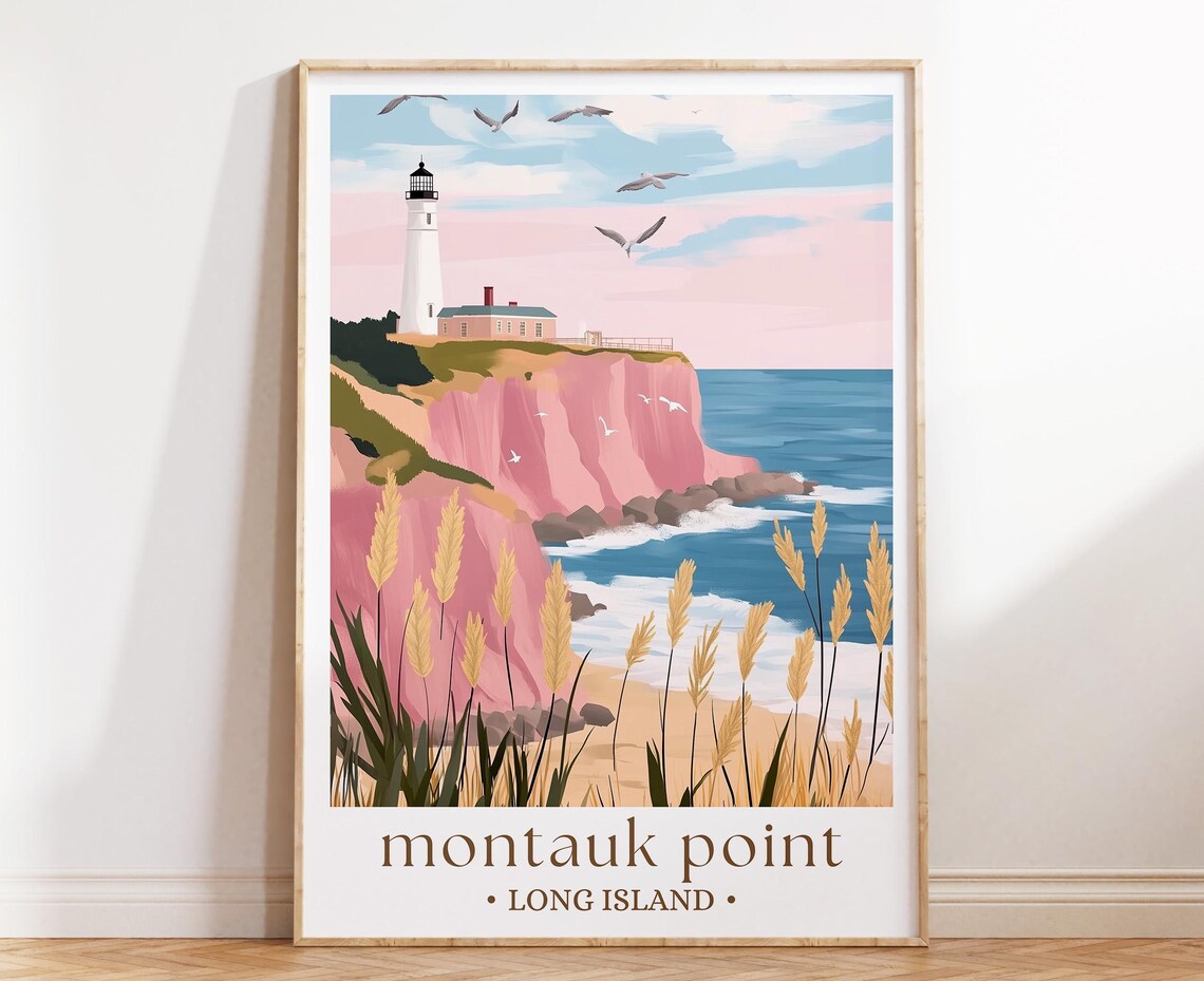 Montauk Point Long Island Lighthouse Pink Cliffs Coastal Travel Poster