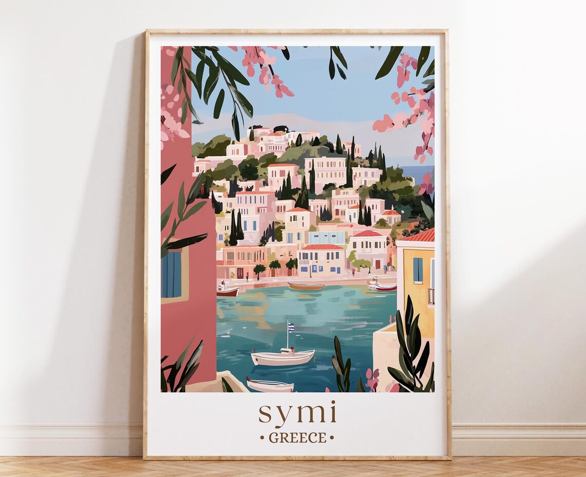 Symi Greece Harbor Pastel Houses Hillside Boats Aegean View Poster