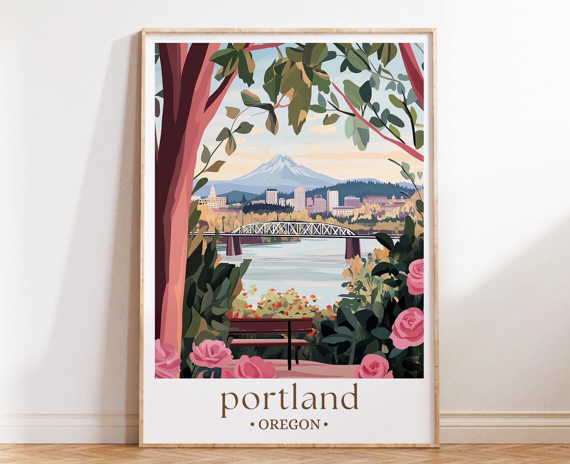 Portland Oregon Skyline Travel Poster, Cityscape Print