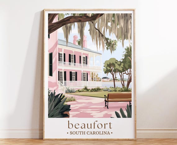 Beaufort North Carolina Coastal Art Print Lowcountry Travel Poster Nautical Wall Decor Southern Seaside Illustration