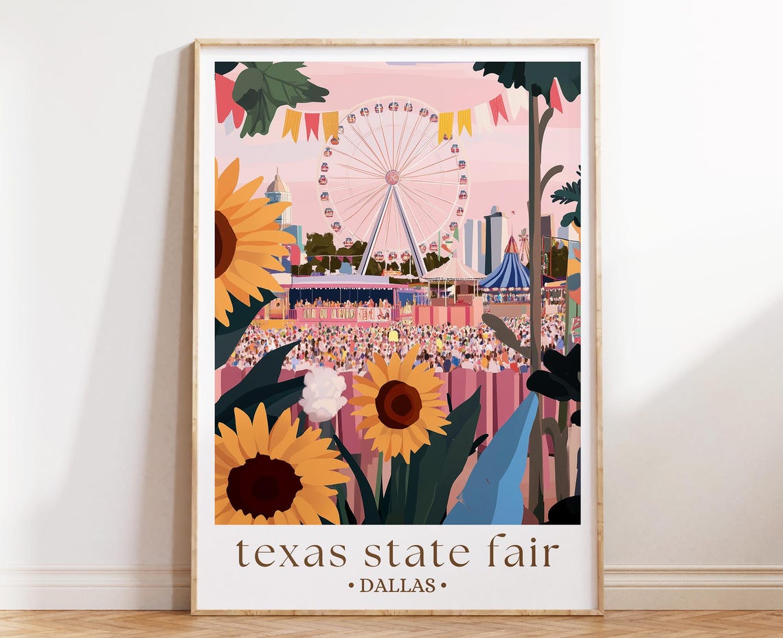 Dallas Texas State Fair Ferris Wheel Sunflowers Crowd Fun Poster