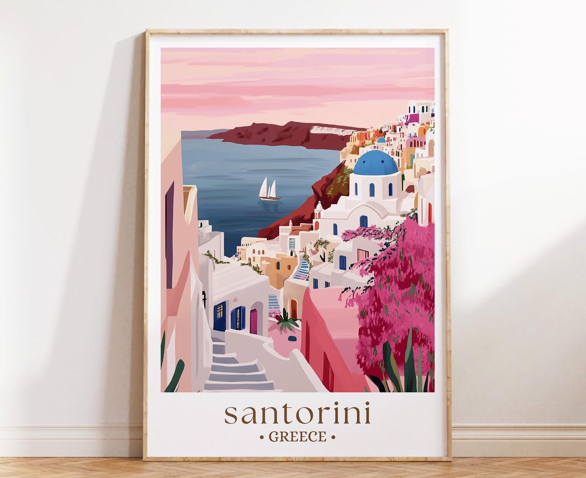Santorini Greece Whitewashed Village Blue Domes Sunset Travel Poster