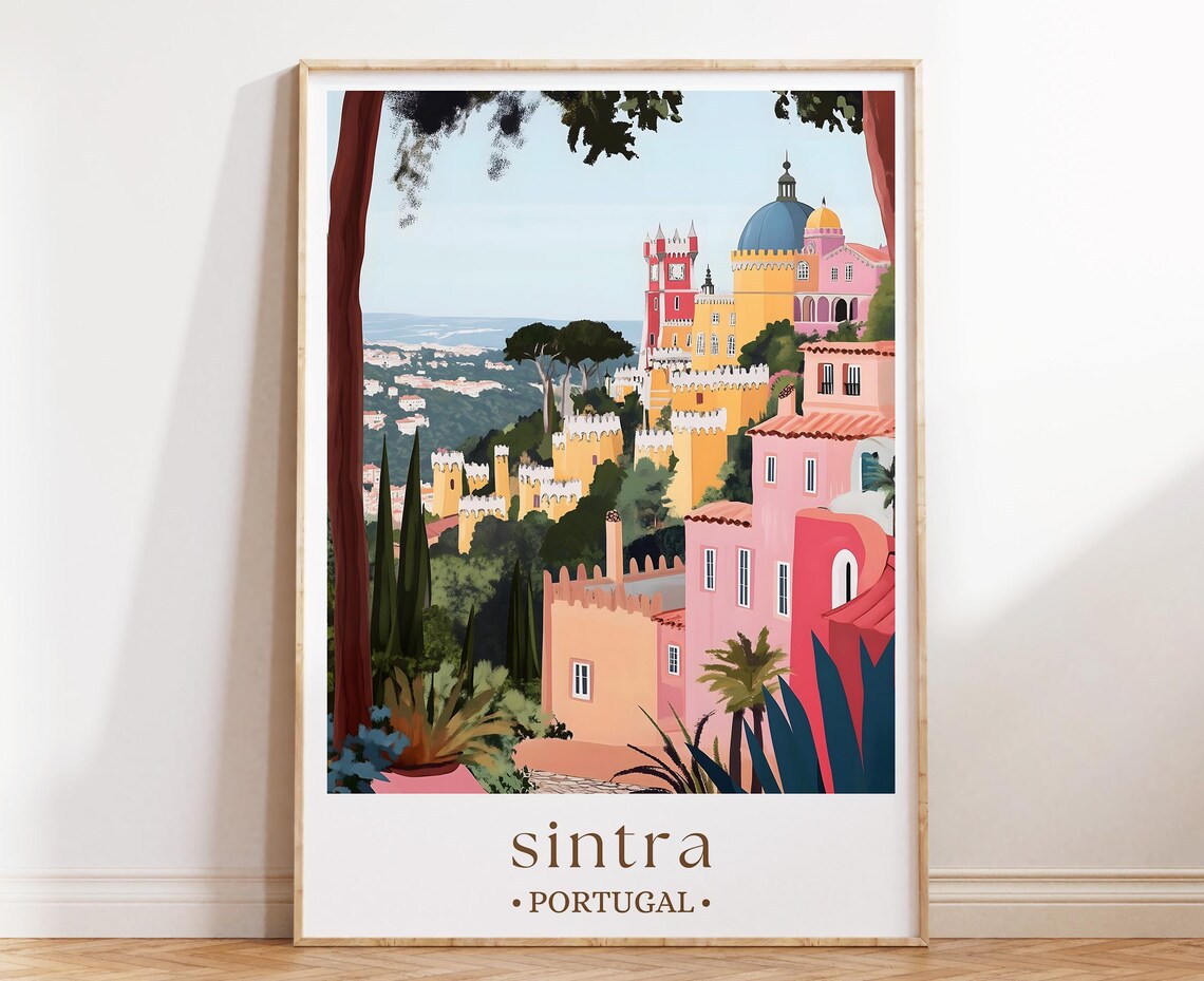 Sintra Portugal Poster Colorful Hilltop Castle Palace Panoramic View