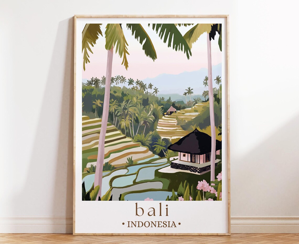 Bali Indonesia Tropical Rice Terraces Palm Trees Temple Poster