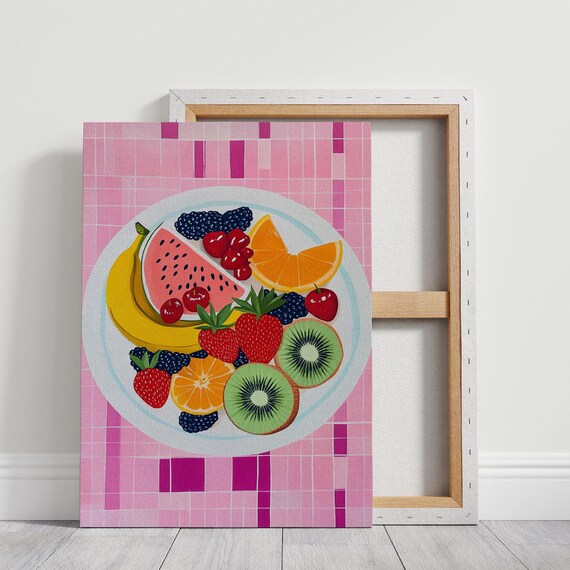 Colorful Fruit Still Life Art Watermelon Kiwi Banana Berries And Orange Plate Illustration For Modern Kitchen Decor