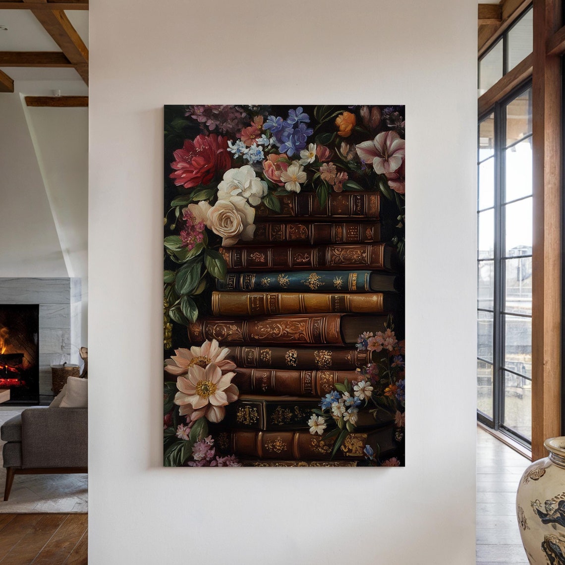 Vintage Book Tower Surrounded By Lush Florals Library Art Print