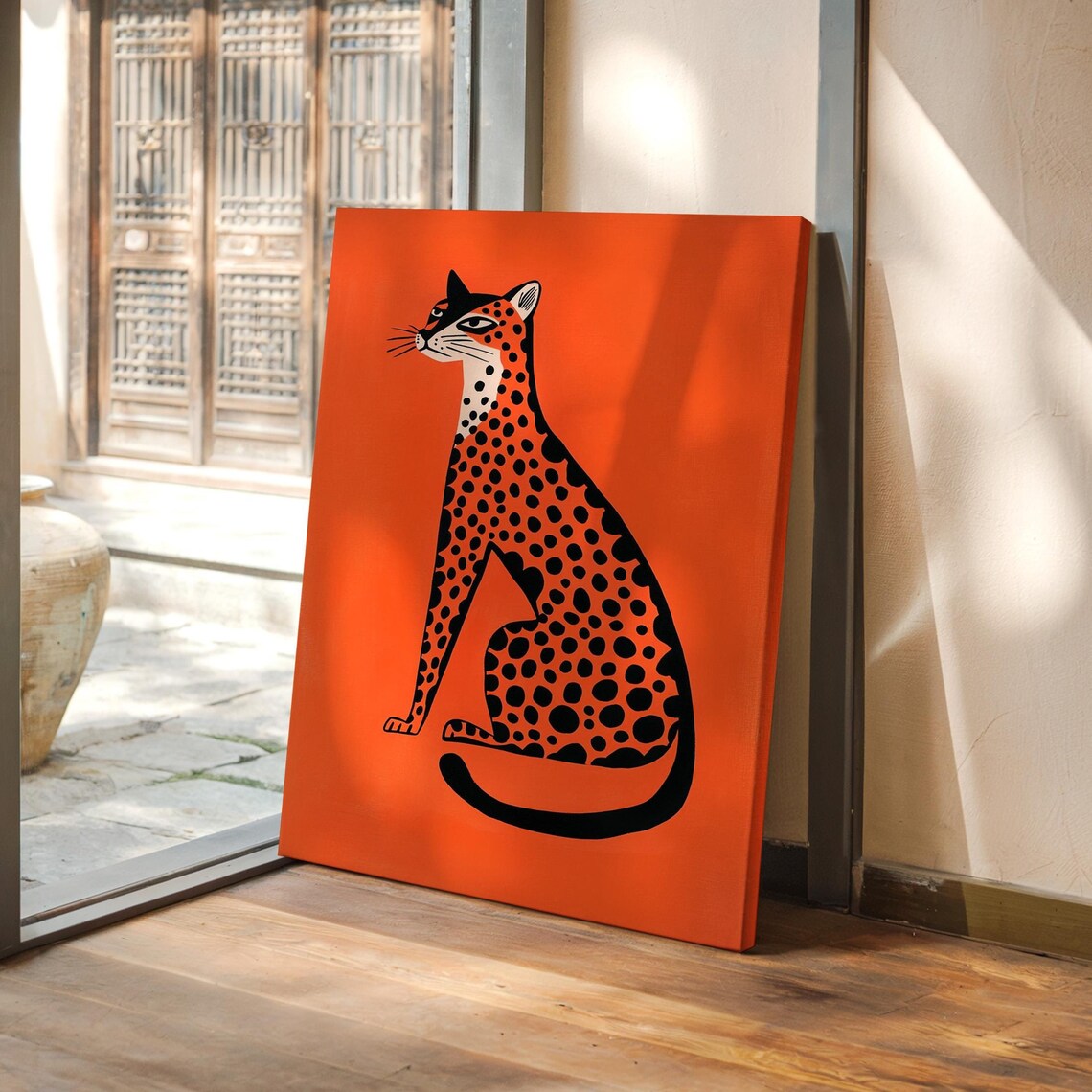Bold Abstract Cheetah Silhouette On Vibrant Orange Modern Animal Poster