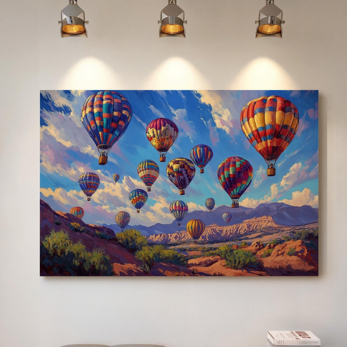 Colorful Hot Air Balloons Over Desert Canyon Vibrant Sky Wall Art Poster