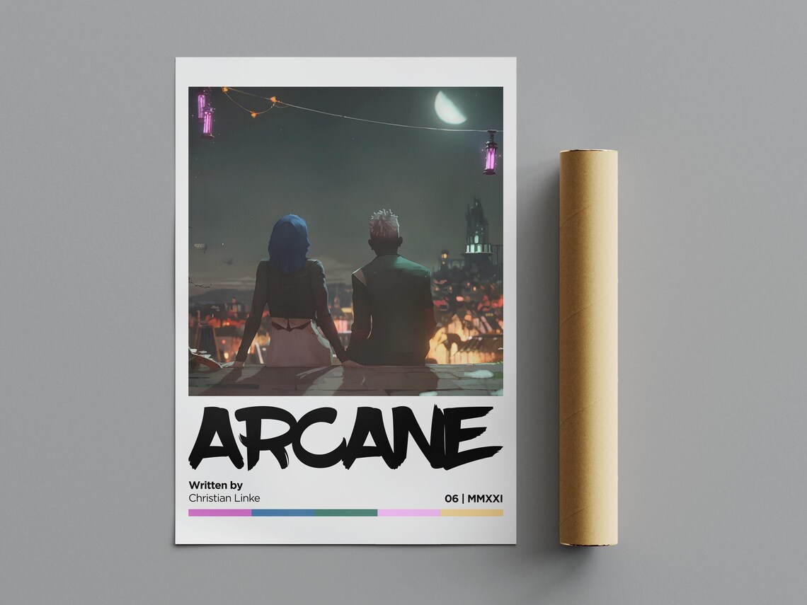 Arcane Ekko Jinx Rooftop Moonlight City Lights Night Anime Poster