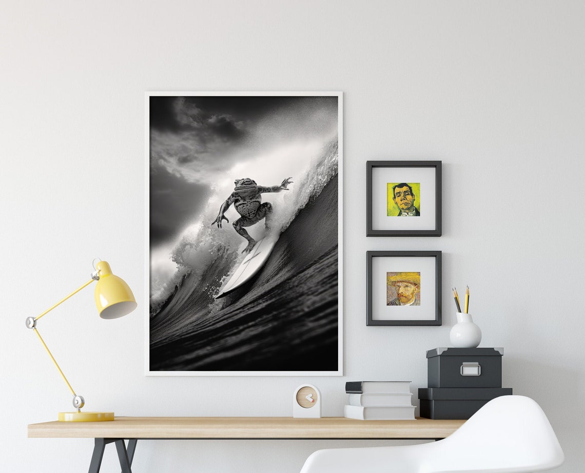 Surfing Frog Riding Ocean Wave Black White Photography Poster - Image 4