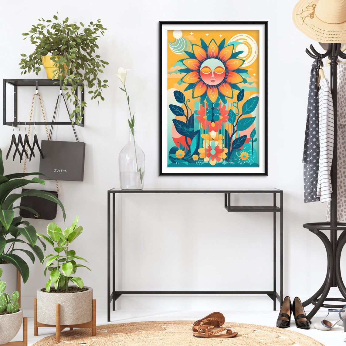 Smiling Sun Flower Face Boho Floral Garden Illustration Poster - Image 2