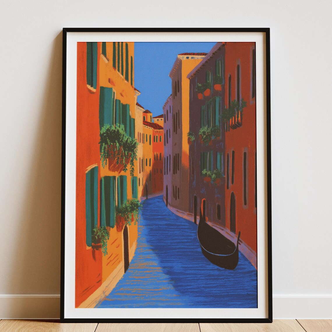Venice Canal Gondola Orange Facades Watercolor Travel Art Poster