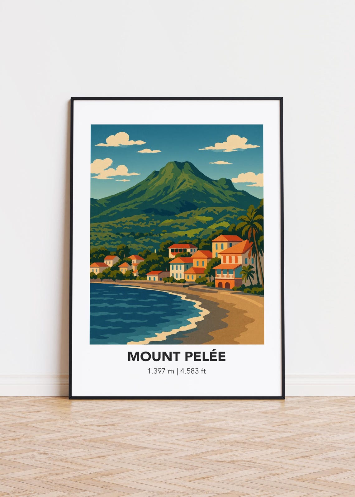 Mount Pelee Volcano Coastal Town Beach Minimalist Elevation Poster