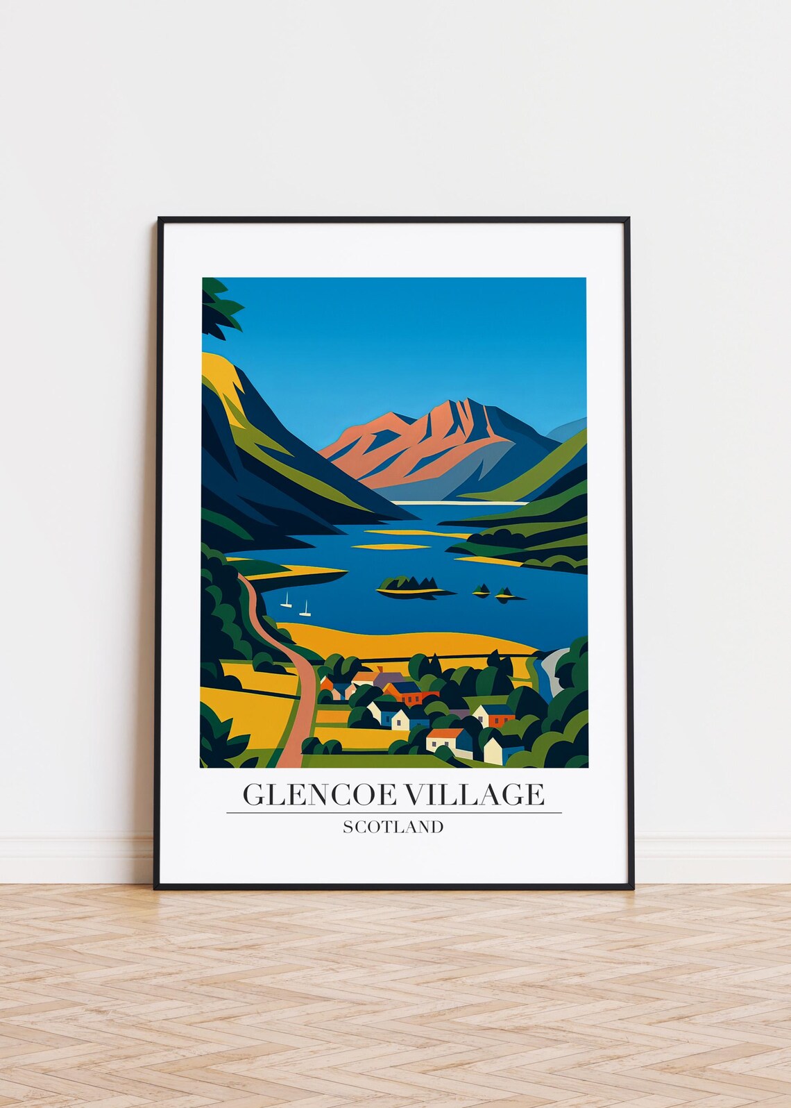 Glencoe Village Scotland Travel Poster Mountain Loch View Decor