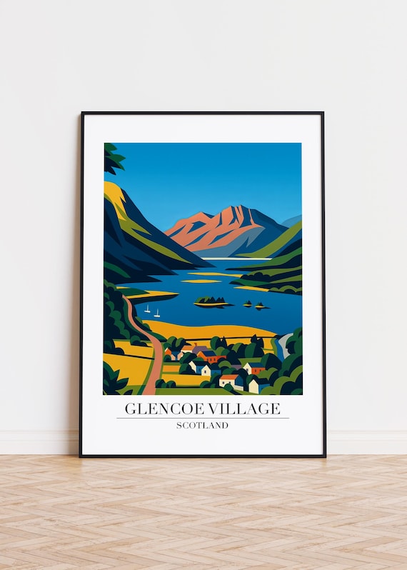 Glencoe Village Scotland Travel Poster Mountain Loch View Decor