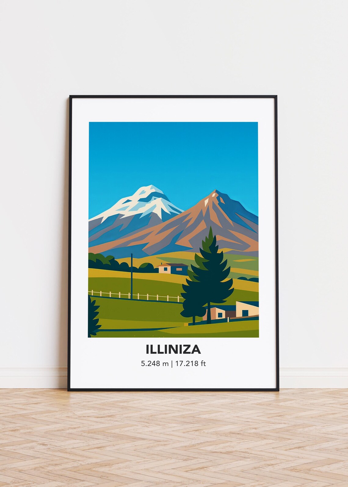Illiniza Twin Volcano Peaks Over Green Farmland Landscape Poster