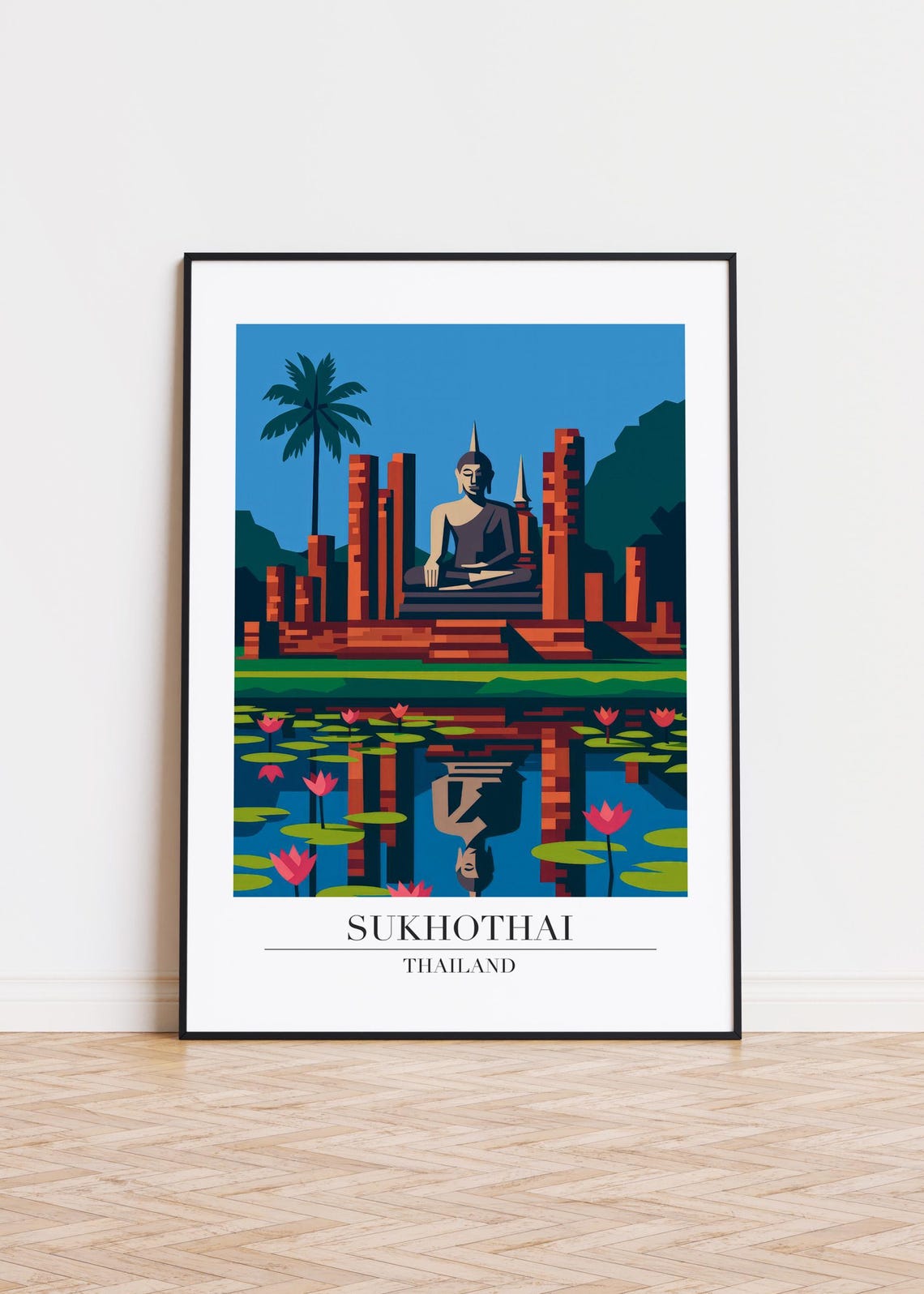 Sukhothai Thailand Buddha Statue Lotus Pond Illustration Poster