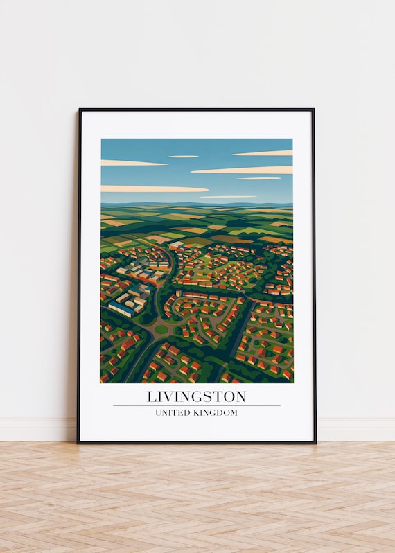 Livingston United Kingdom Aerial Town Countryside Illustration Poster