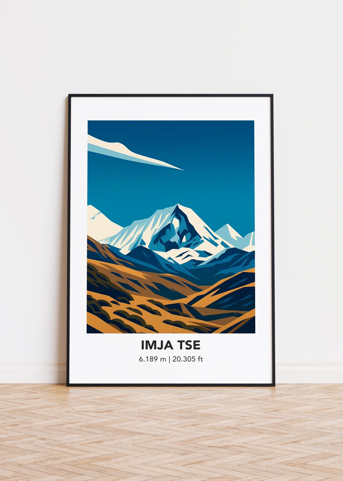 Imja Tse Snowy Peak Summit Golden Hills Minimalist Travel Poster