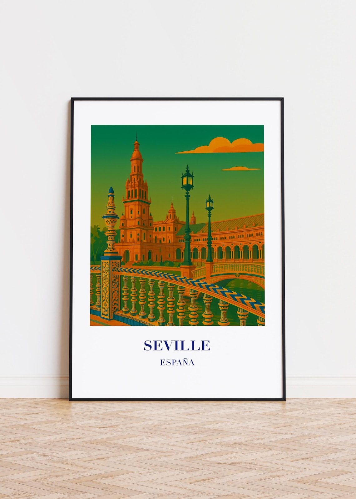 Seville España Historic Plaza Bridge Tower Illustration Travel Poster