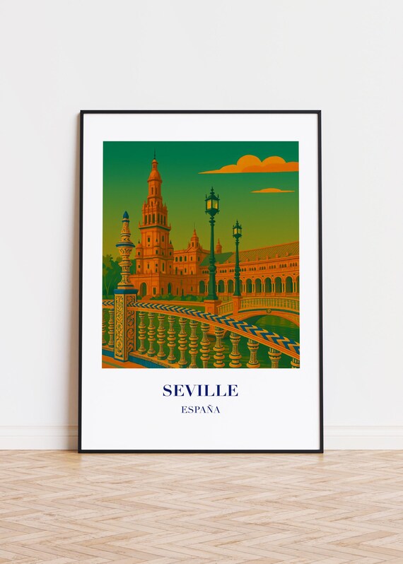Seville España Historic Plaza Bridge Tower Illustration Travel Poster