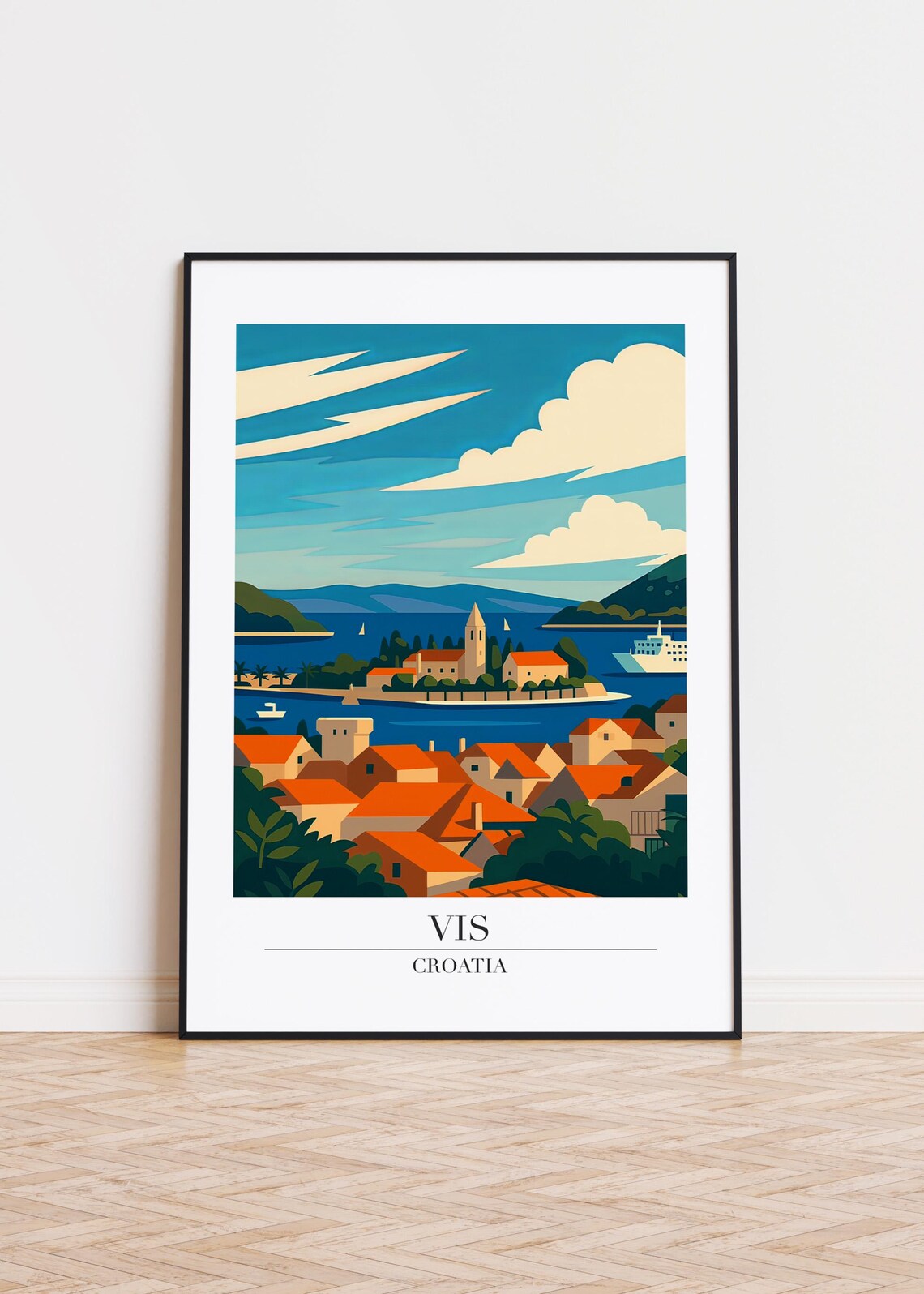 Vis Croatia Vintage Harbor Town Retro Travel Illustration Poster