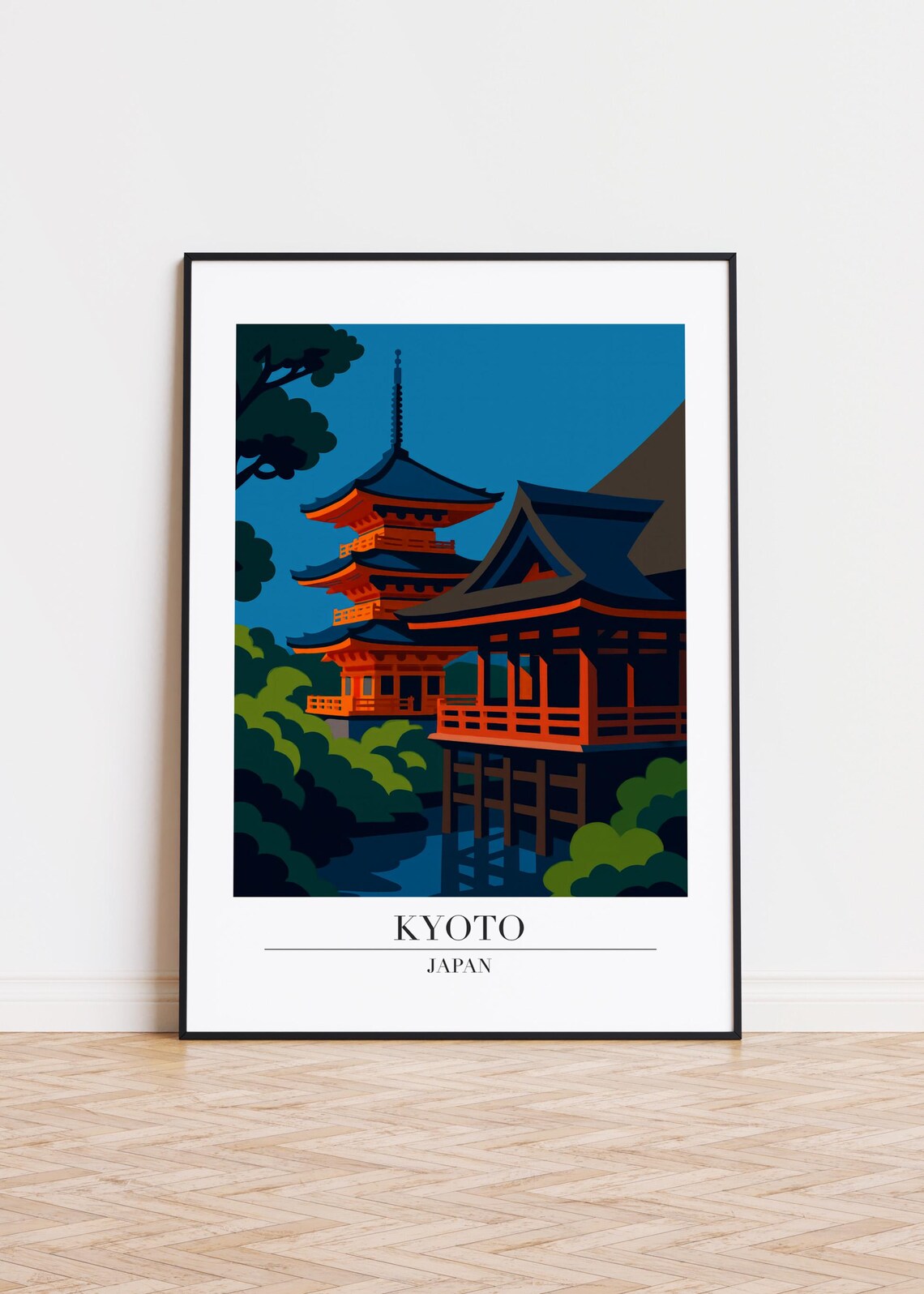 Kyoto Japan Night Temple Pagoda Deep Blue Illustration Poster