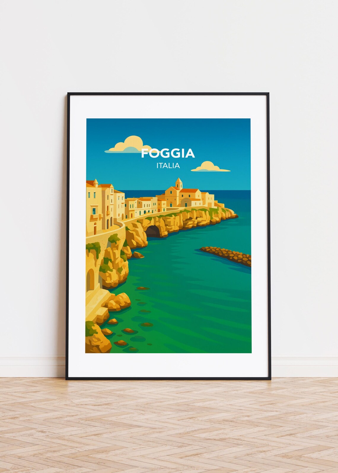 Foggia Italy Cliffside Coastal Town Church Teal Sea Retro Travel Poster
