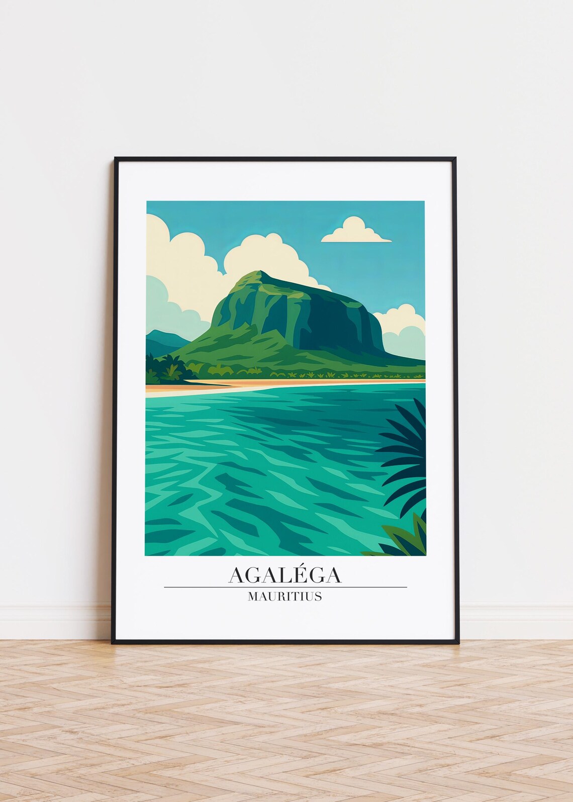 Agalega Mauritius Mountain Coast Turquoise Sea Modern Travel Poster