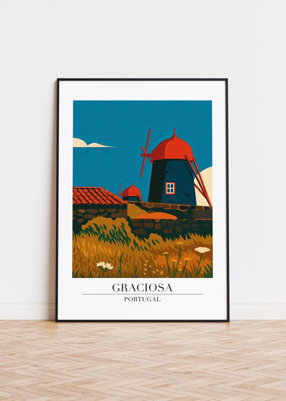 Graciosa Portugal Red Windmills Golden Wheat Fields Vintage Travel Poster