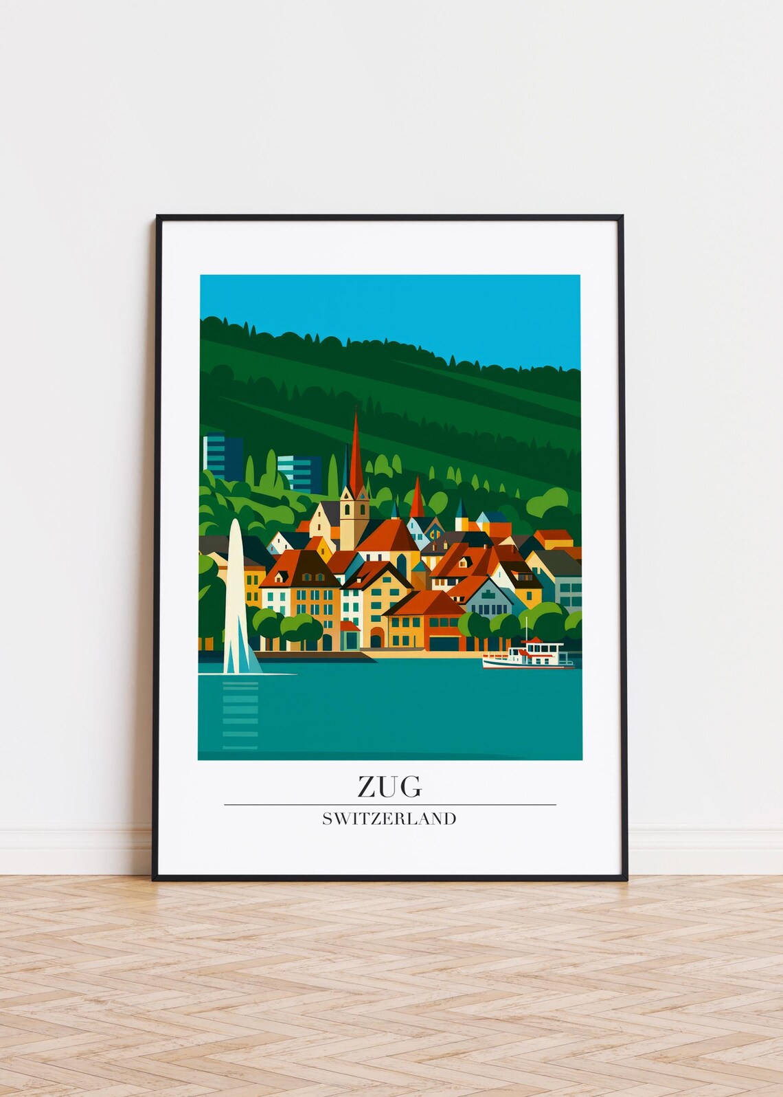 Zug Switzerland Lakeside Old Town Church Spires Minimalist Travel Art Poster