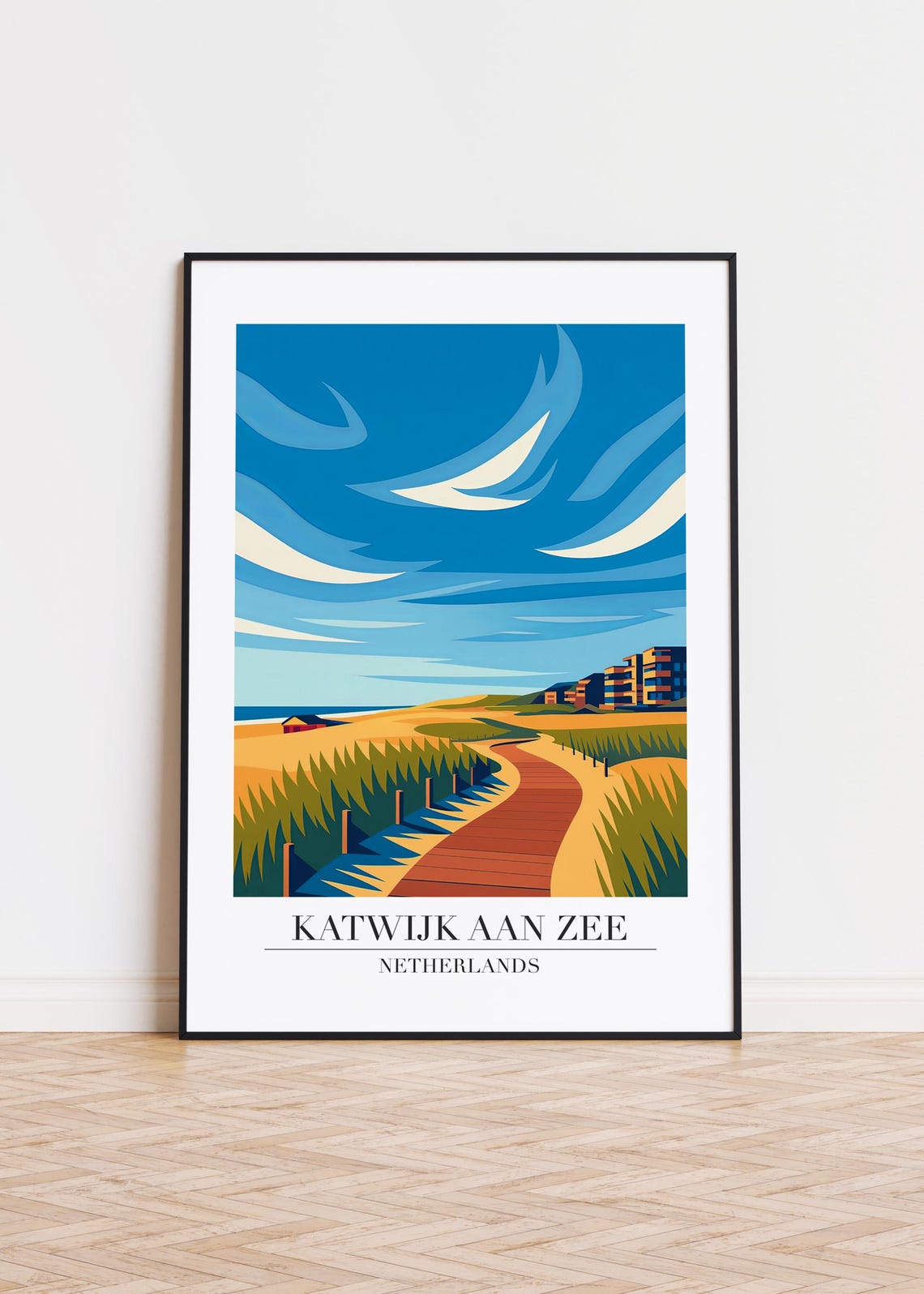 Katwijk aan Zee Netherlands Travel Poster Dunes Boardwalk Decor Art