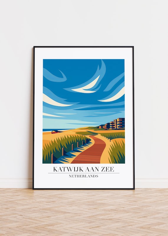 Katwijk aan Zee Netherlands Travel Poster Dunes Boardwalk Decor Art