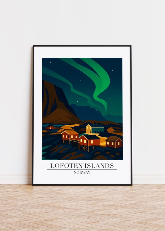 Lofoten Islands Norway Northern Lights Night Cabins Art Poster