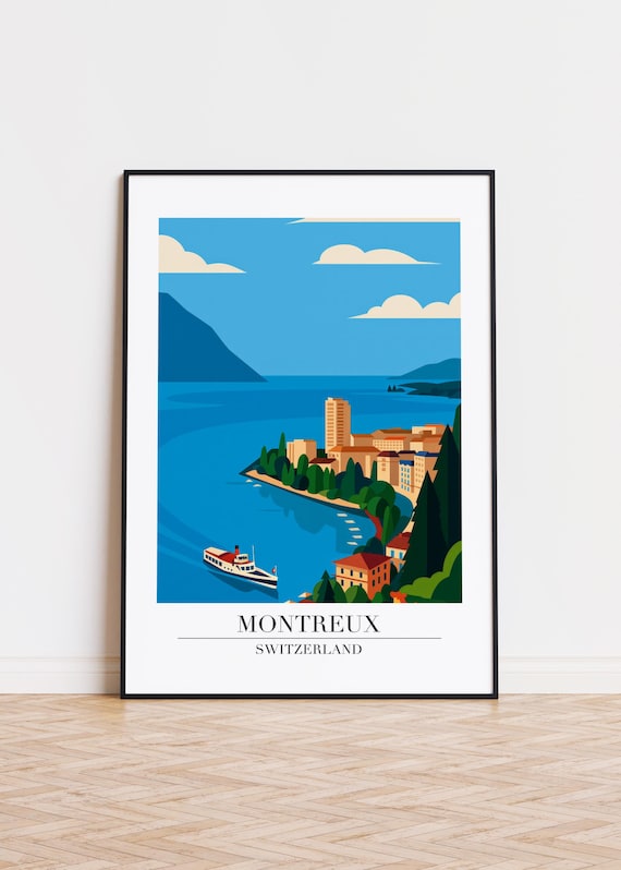 Montreux Switzerland Lake Geneva Shoreline Steamer Boat Art Poster