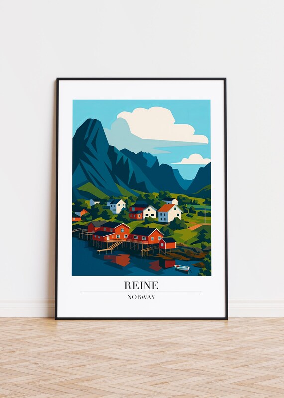 Reine Norway Fishing Village Red Cabins Mountain Harbor Travel Poster