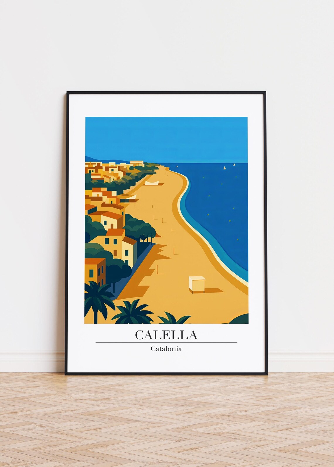 Calella Catalonia Sandy Beach Seaside Colorful Retro Travel Art Poster