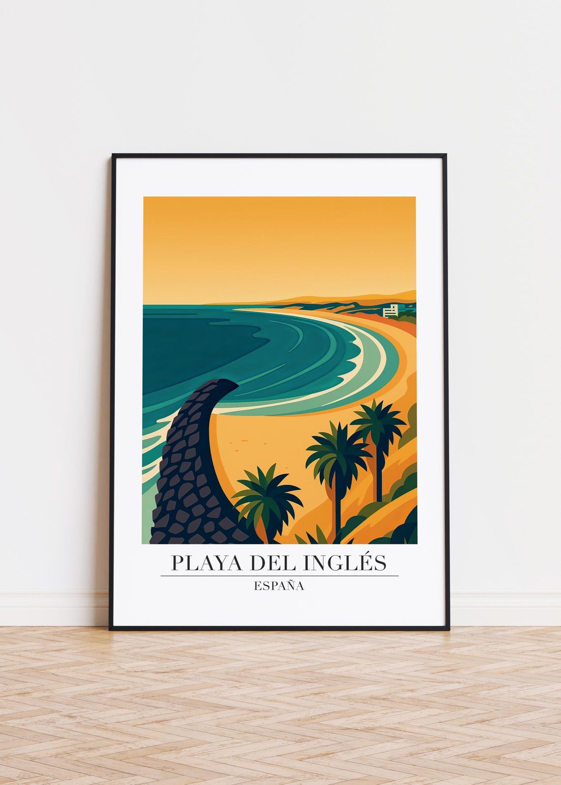 Playa del Ingles Spain Poster Curved Beach Stone Groyne Palms