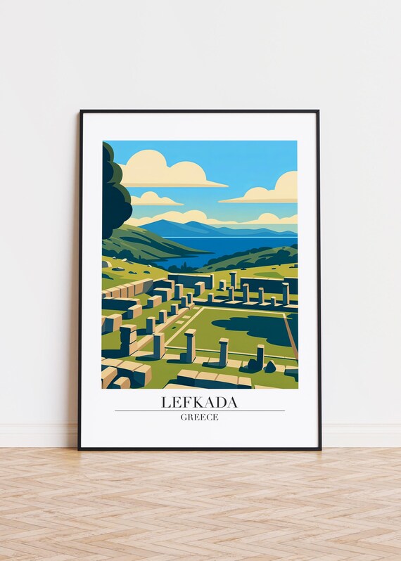 Lefkada Greece Ancient Stone Ruins Sea View Modern Travel Poster